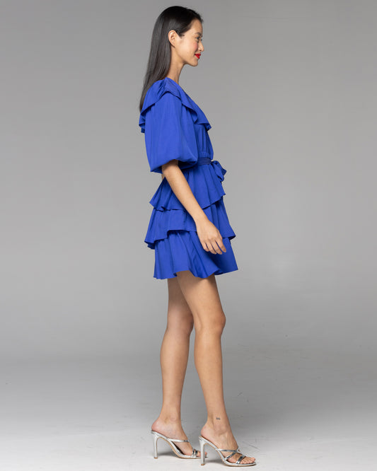 Heart & Soul Frilled Neck Mini Dress - Cobalt Blue