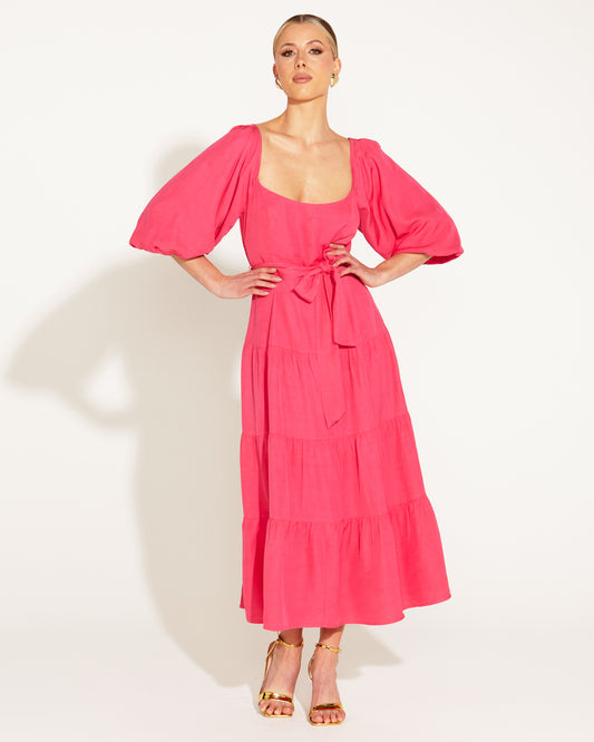 One and Only Tiered Midi Dress - Hot Pink