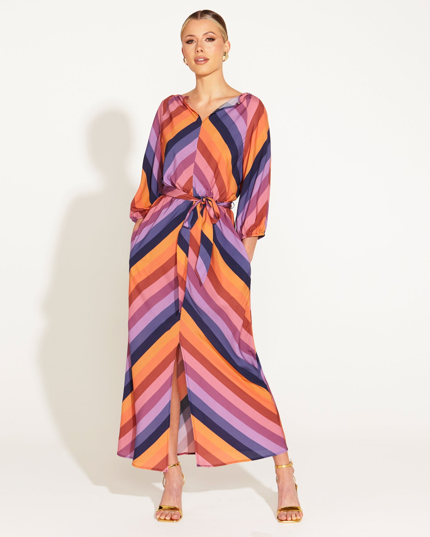 Sunset Dream Tie Waist Midi Dress - Sunset Stripe