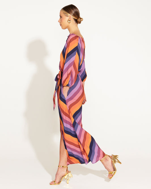 Sunset Dream Tie Waist Midi Dress - Sunset Stripe