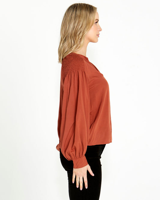 Brigitte Shirred Shoulder Top - Chestnut