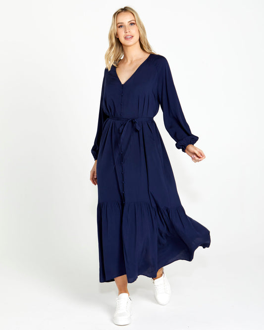 Brigitte Balloon Sleeve Maxi Dress - Navy