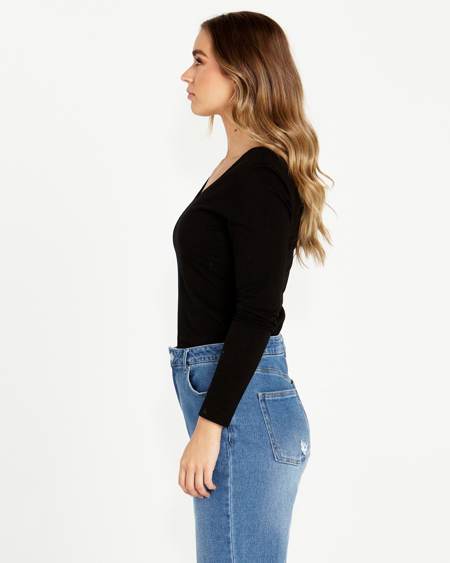 Elaine V-Neck Long Sleeve Top - Black