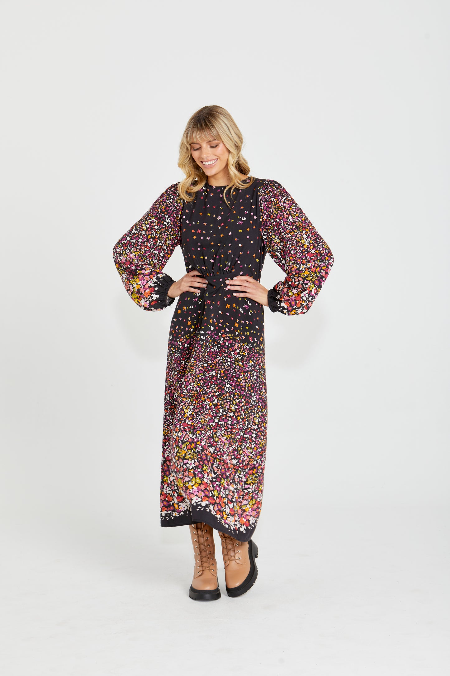 Suki Long Sleeve Maxi Dress - Ditsy Border