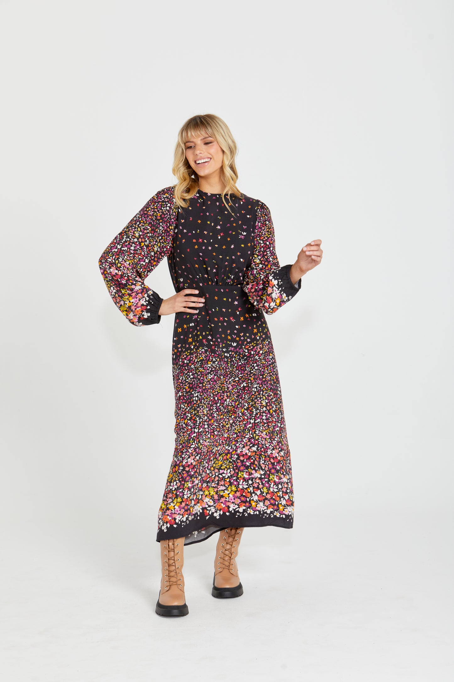 Suki Long Sleeve Maxi Dress - Ditsy Border