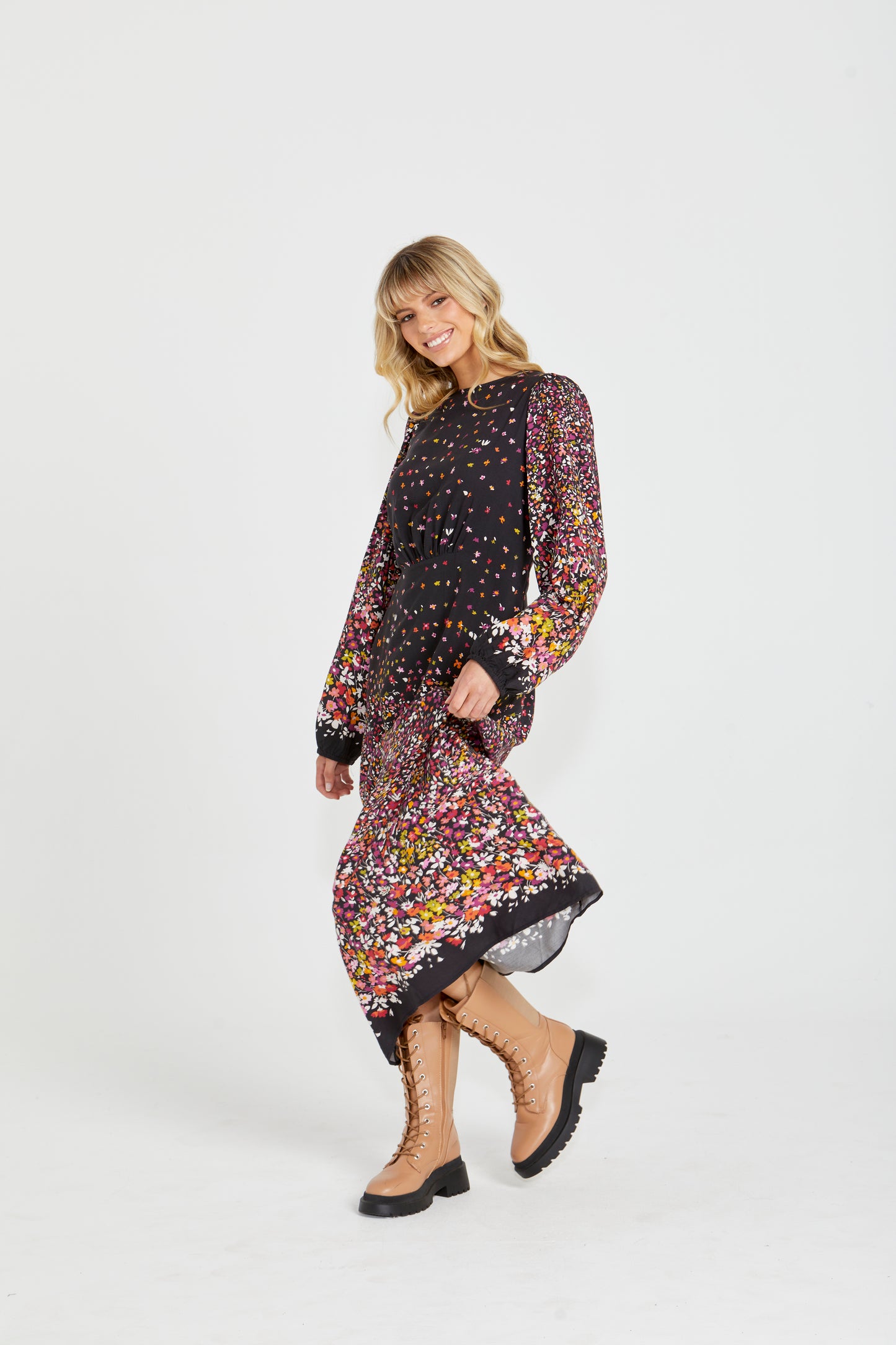 Suki Long Sleeve Maxi Dress - Ditsy Border