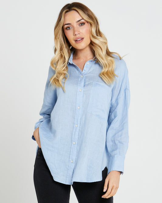 Teresa Linen Oversized Button Down Shirt - Powder Blue