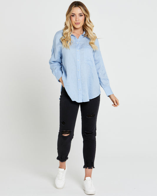 Teresa Linen Oversized Button Down Shirt - Powder Blue