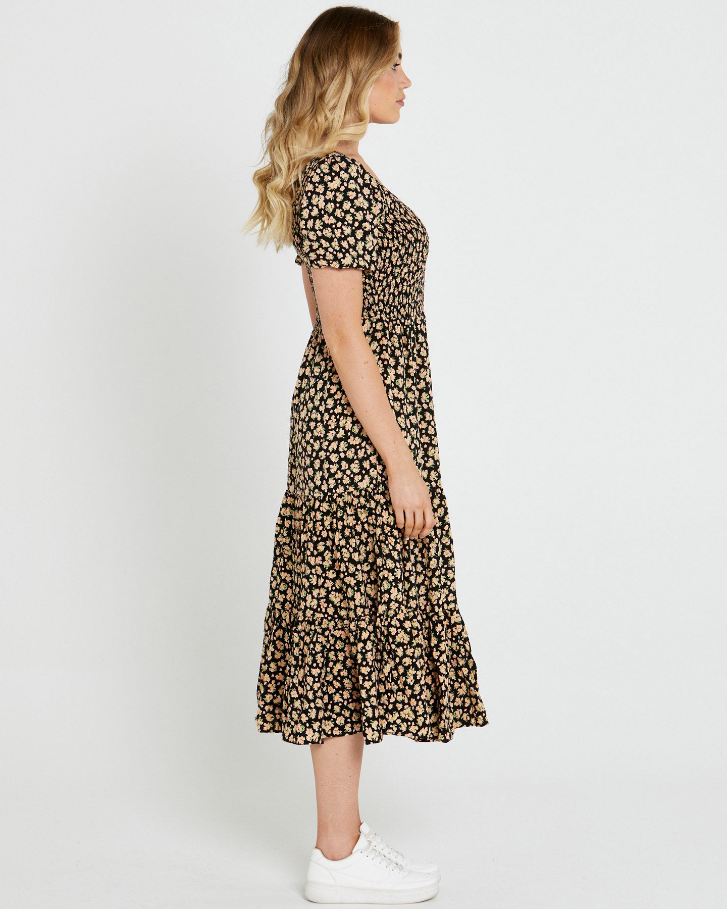 Tegan Shirred Midi Dress - Black Floral Ditsy