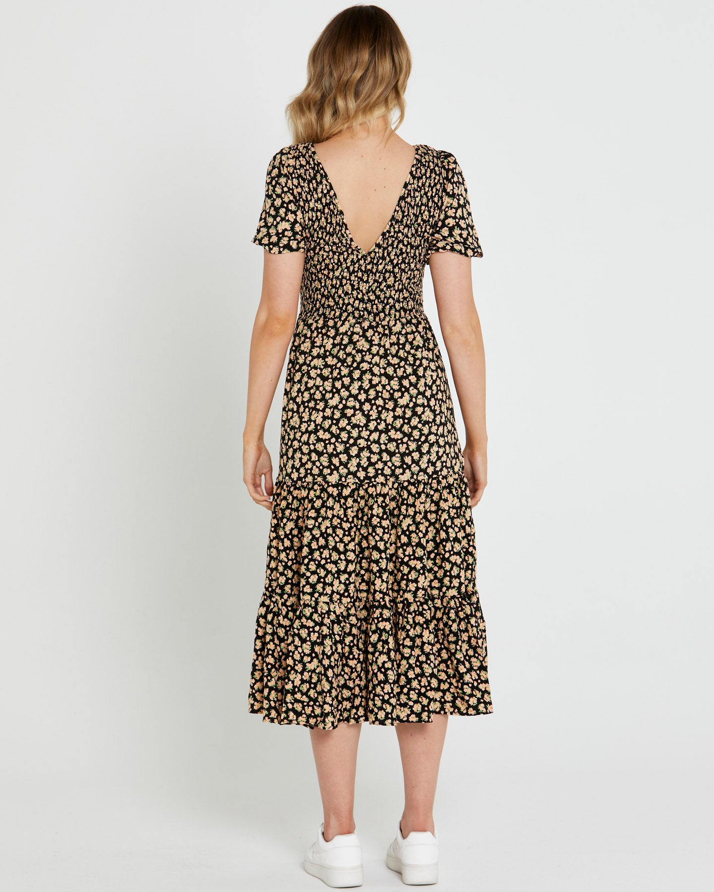 Tegan Shirred Midi Dress - Black Floral Ditsy