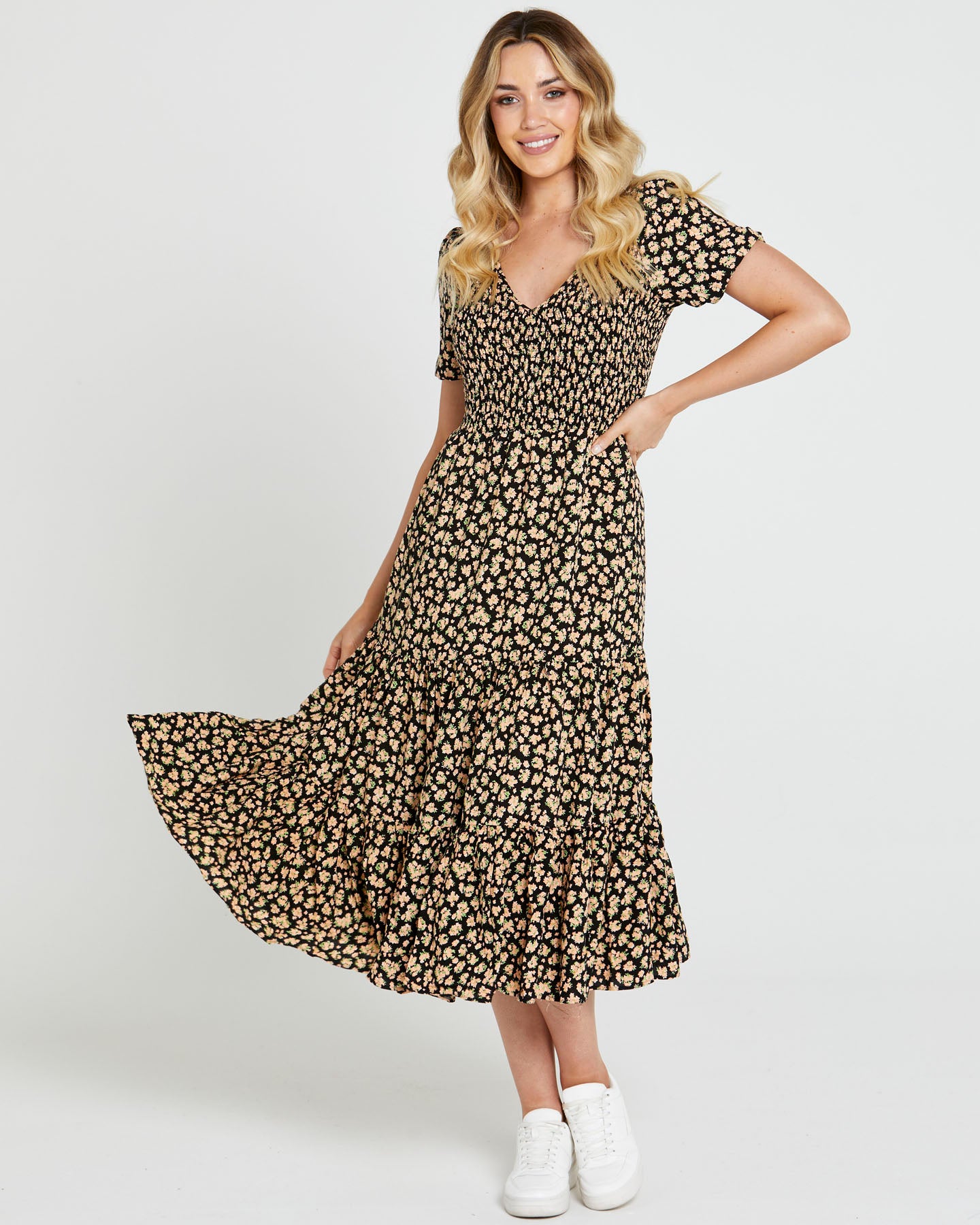 Tegan Shirred Midi Dress - Black Floral Ditsy